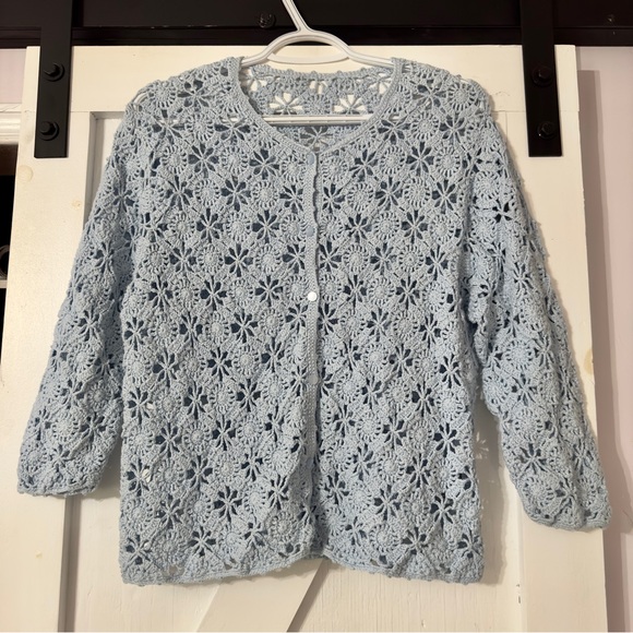 Gorgeous Handmade Crochet Knit Cardigan with Beautiful Blue buttons - Picture 3 of 6